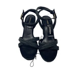 NWT Express Wedge Sandals 10 Womens Black Faux Suede Open Toe Ankle Modern Chic